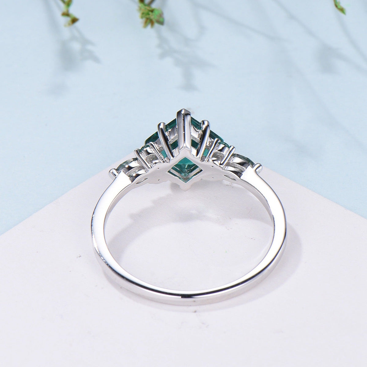 Unique Princess Cut Emerald Engagement Ring Set Silver White Gold Marquise Moss Agate Green Crystal Bridal Wedding Ring Retro Promise Ring