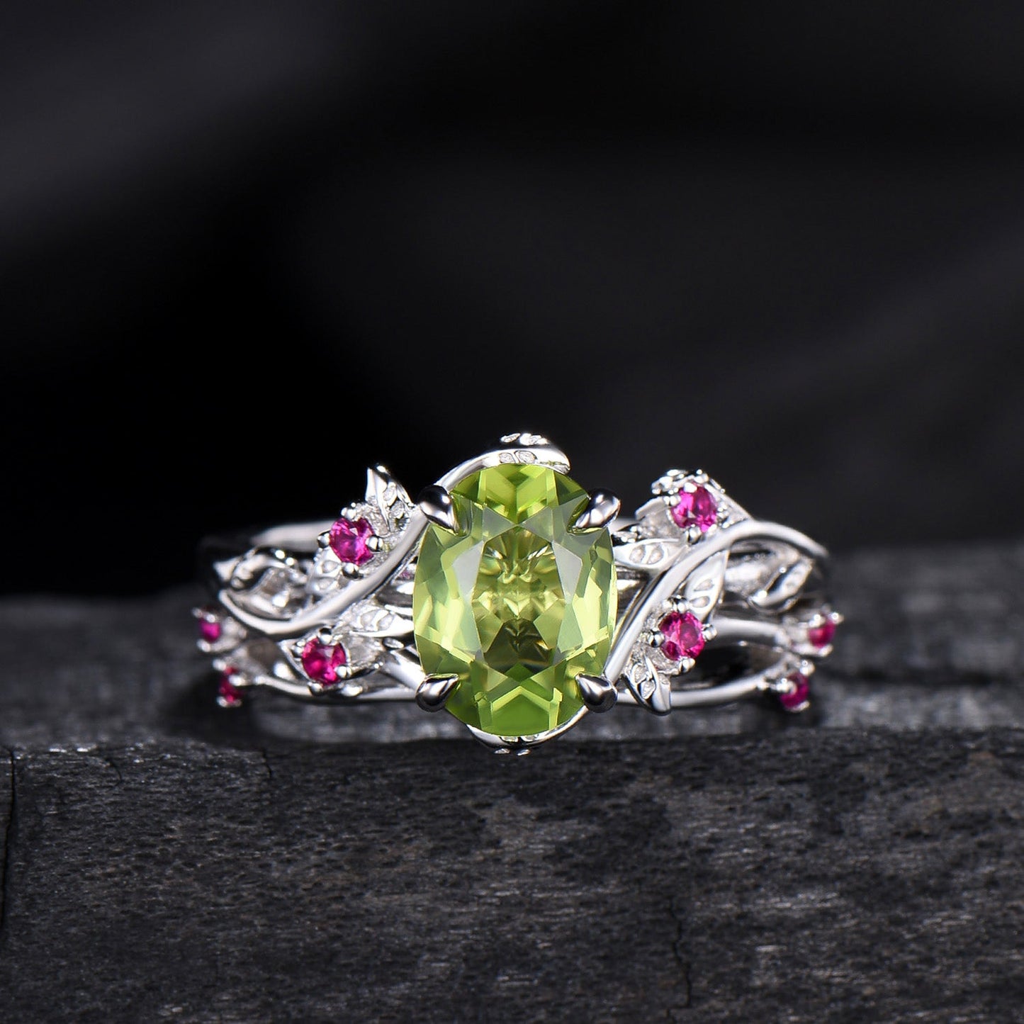 Leaf vine  peridot rubywedding ring set Natural inspired August Birthstone Jewelry