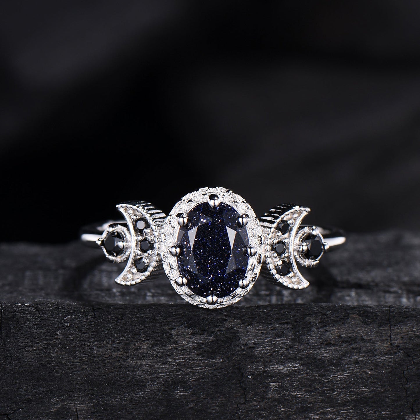Oval Blue Sandstone Engagement Ring, Celestial Crescent Moon Ring, Gothic Promise Ring, Triple Goddess Witchy Jewelry, Anniversary Gift