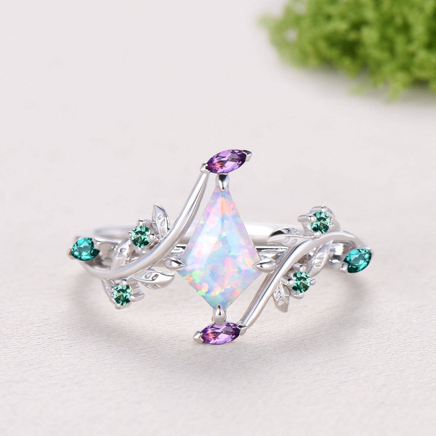 1CT Kite Cut White/Black/Blue Fire Opal Engagement Ring, Marquise Amethyst Emerald Leaf Vine Band