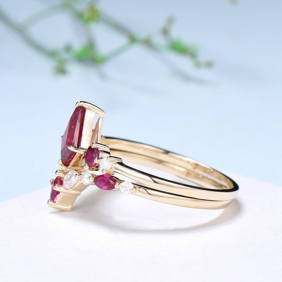 Vintage Kite Ruby Engagement Ring Set 1ct Ruby Bridal Wedding ring Set Art Deco Anniversary Gift Unique July Birthstone Bride Ring For Women