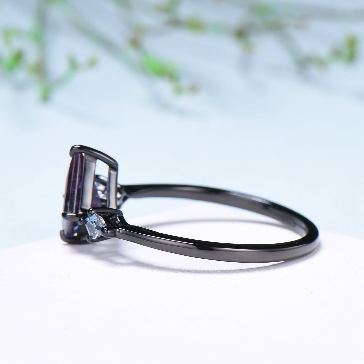 Dainty Black Gold Kite Cut Alexandrite Engagement Ring Minimalist Three Stone