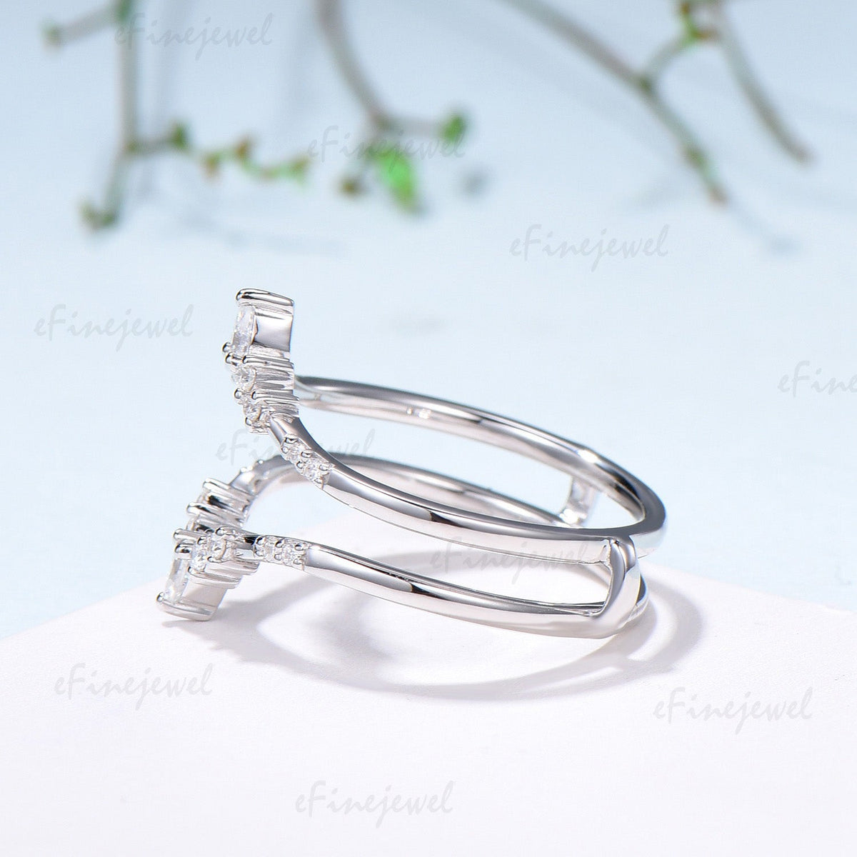Double Curved Diamond Wedding Band Enhancer, Marquise & Round Moissanite Alternative Ring Guard for Women