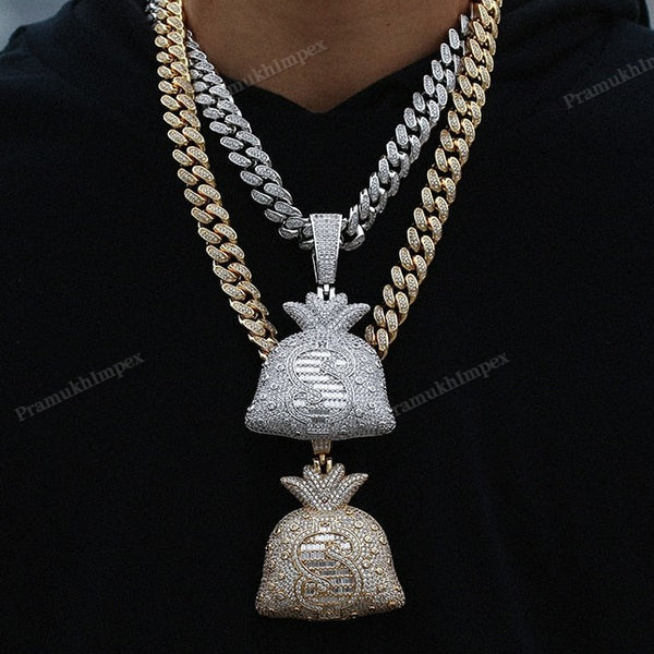 Moissanite 925 Silver Baguette Money Bag Pendant