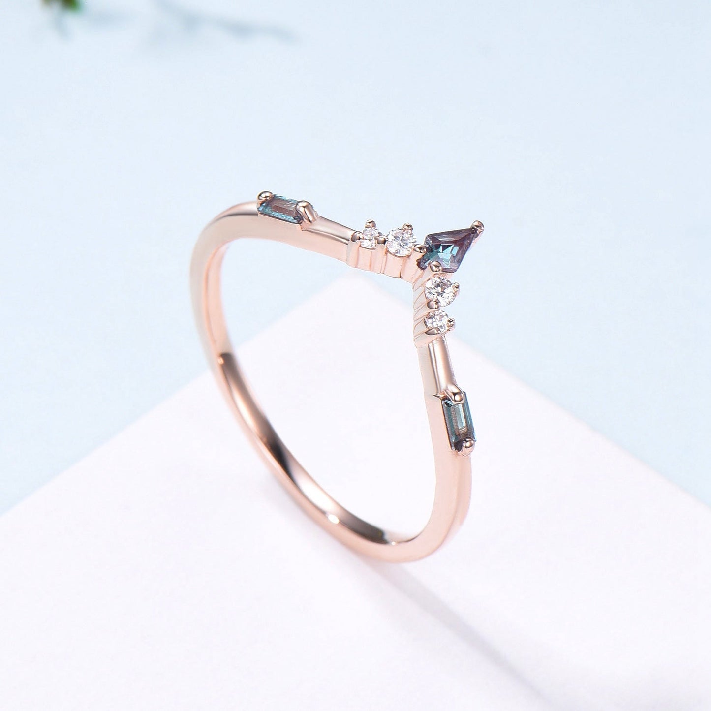 Curved Kite and Baguette Cut Alexandrite Wedding Band, Rose Gold Cluster Moissanite Ring