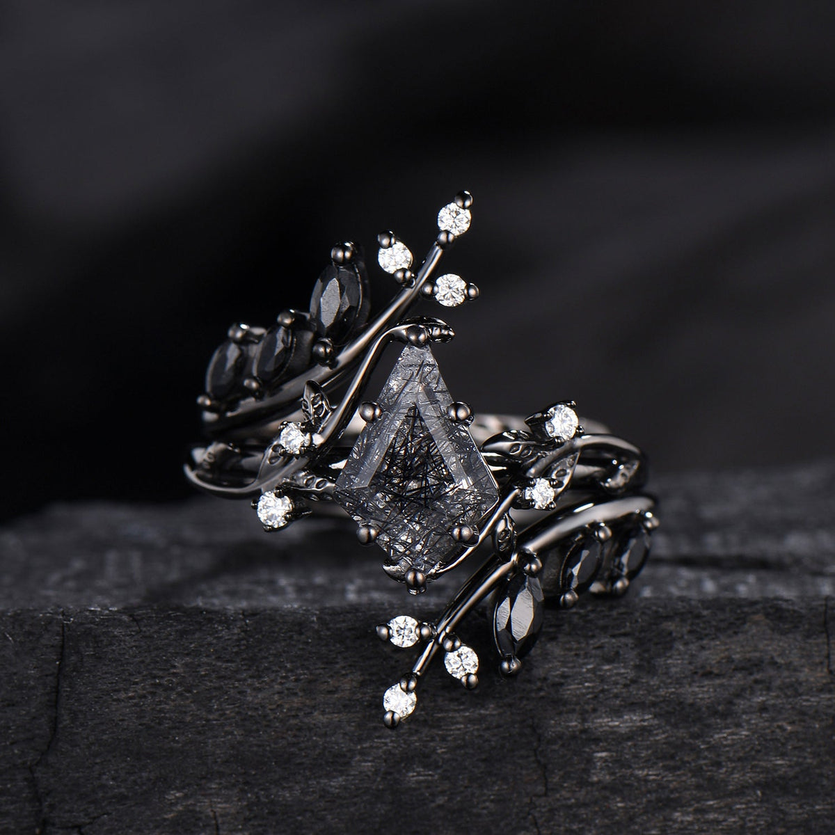 Unique gothic kite cut black rutilated quartz engagement ring set black gold cluster engagement ring leaf branch nature inspired wedding set