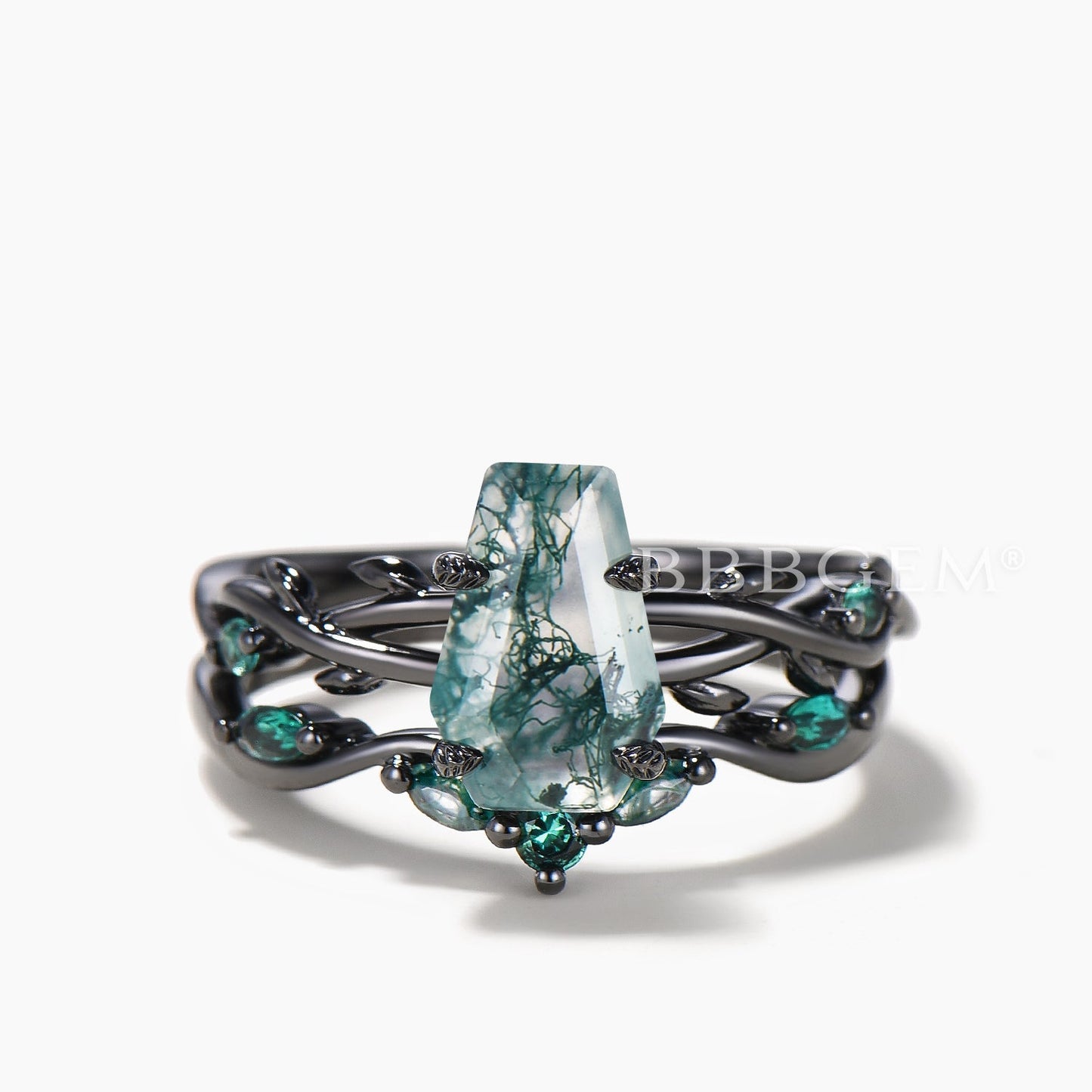 Black Gold Ring Set Coffin Cut Natural Moss Agate Twisted Ring Emerald Curved Band