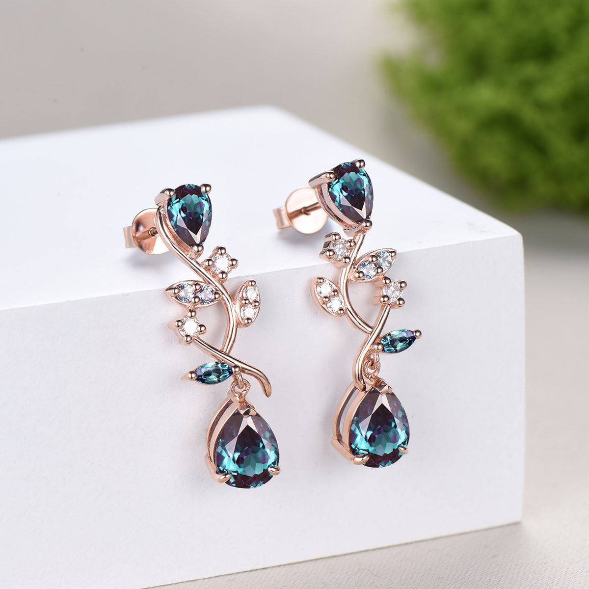 Nature Inspired Pear Shaped Alexandrite Earrings Emerald Elegant Leaf Vine Stud Earrings Unique Handmade Anniversary Promise Gift