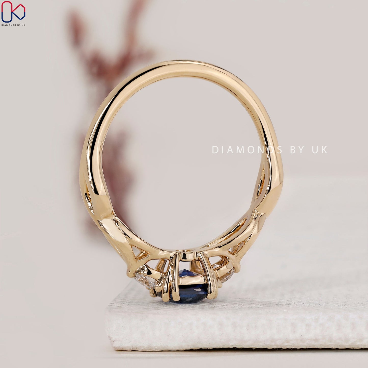 Yellow Gold Cushion Cut Blue Sapphire Engagement Ring