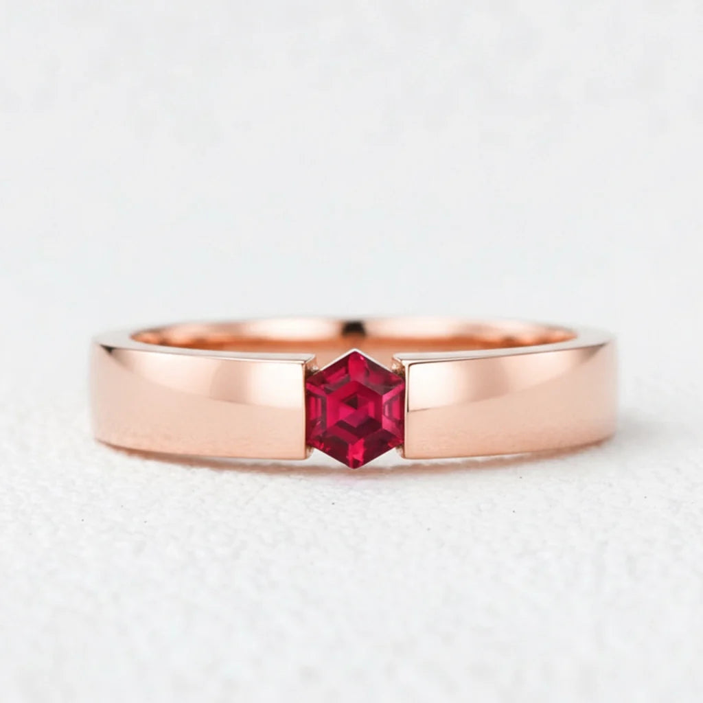 Ruben’s Hexagon | Ruby Tension Set Men's Wedding Band