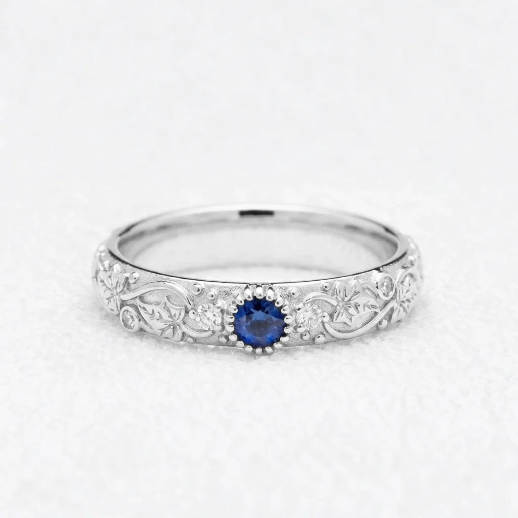 Ivy’s Cove | Blue Sapphire & Diamond Ivy Leaf Wedding Band
