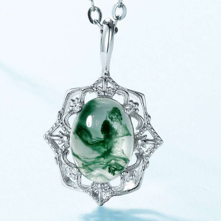 Art Deco Oval Cut Moss Agate Necklace Pendant - Halo