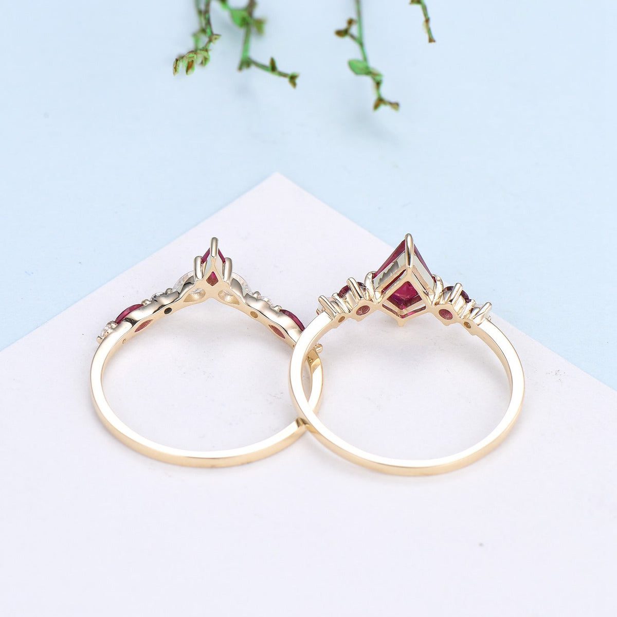 Vintage Kite Ruby Engagement Ring Set 1ct Ruby Bridal Wedding ring Set Art Deco Anniversary Gift Unique July Birthstone Bride Ring For Women