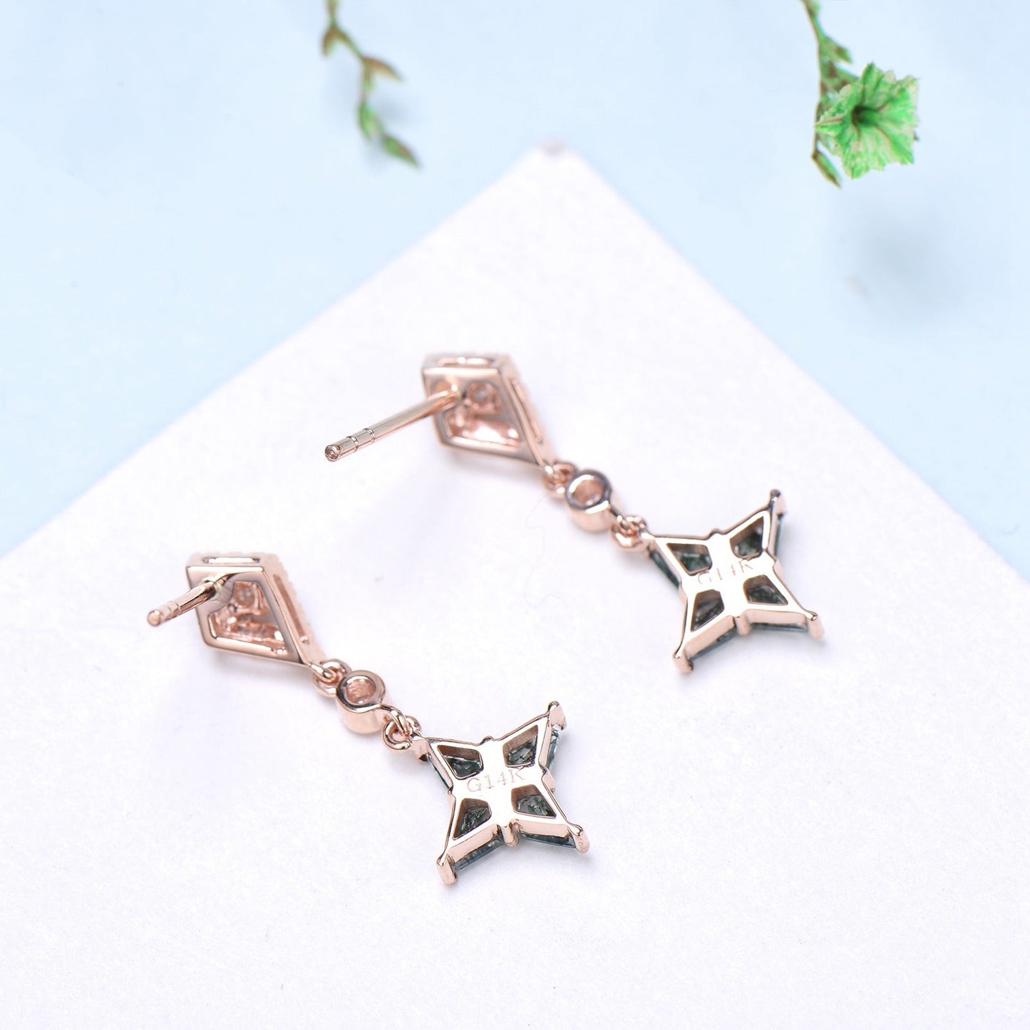 Vintage kite moss agate earrings Unique pinwheel earrings halo diamond drop stud earrings dainty green agate anniversary gift for women