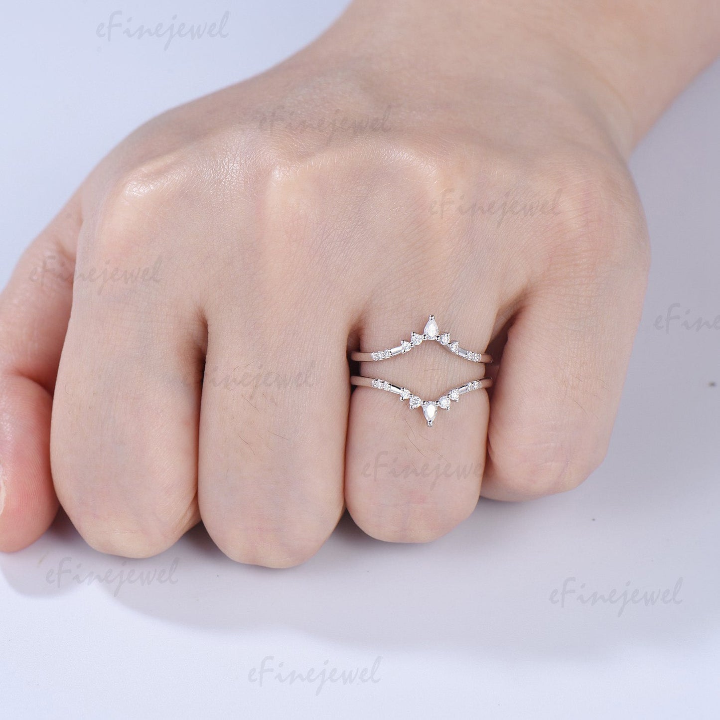 Double Curved Diamond Wedding Band Enhancer, Marquise & Round Moissanite Alternative Ring Guard for Women
