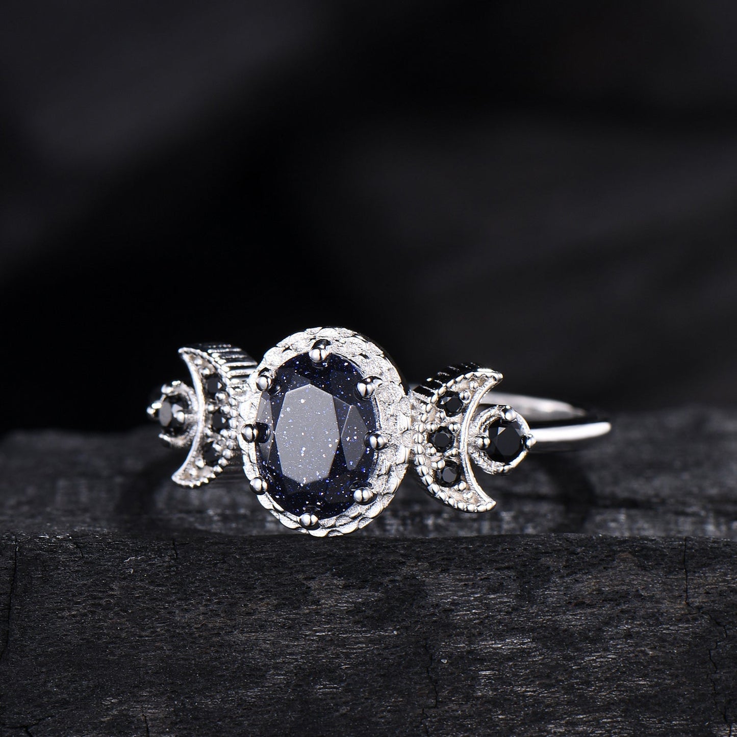 Oval Blue Sandstone Engagement Ring, Celestial Crescent Moon Ring, Gothic Promise Ring, Triple Goddess Witchy Jewelry, Anniversary Gift