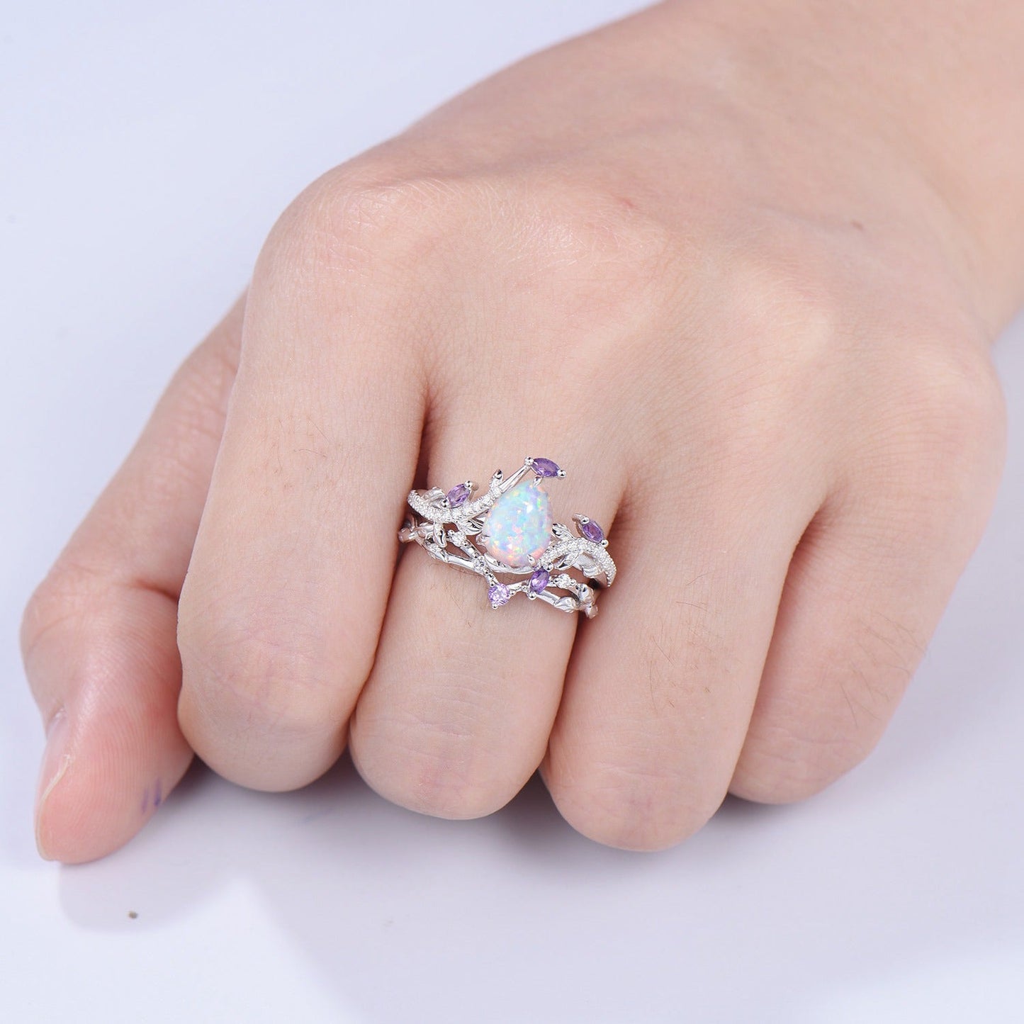 Vintage Pear Shaped White Fire Opal Engagement Ring Set Nature Inspired Snake Marqusie Opal Wedding Set 14K Rose Gold Amethyst Bridal Set
