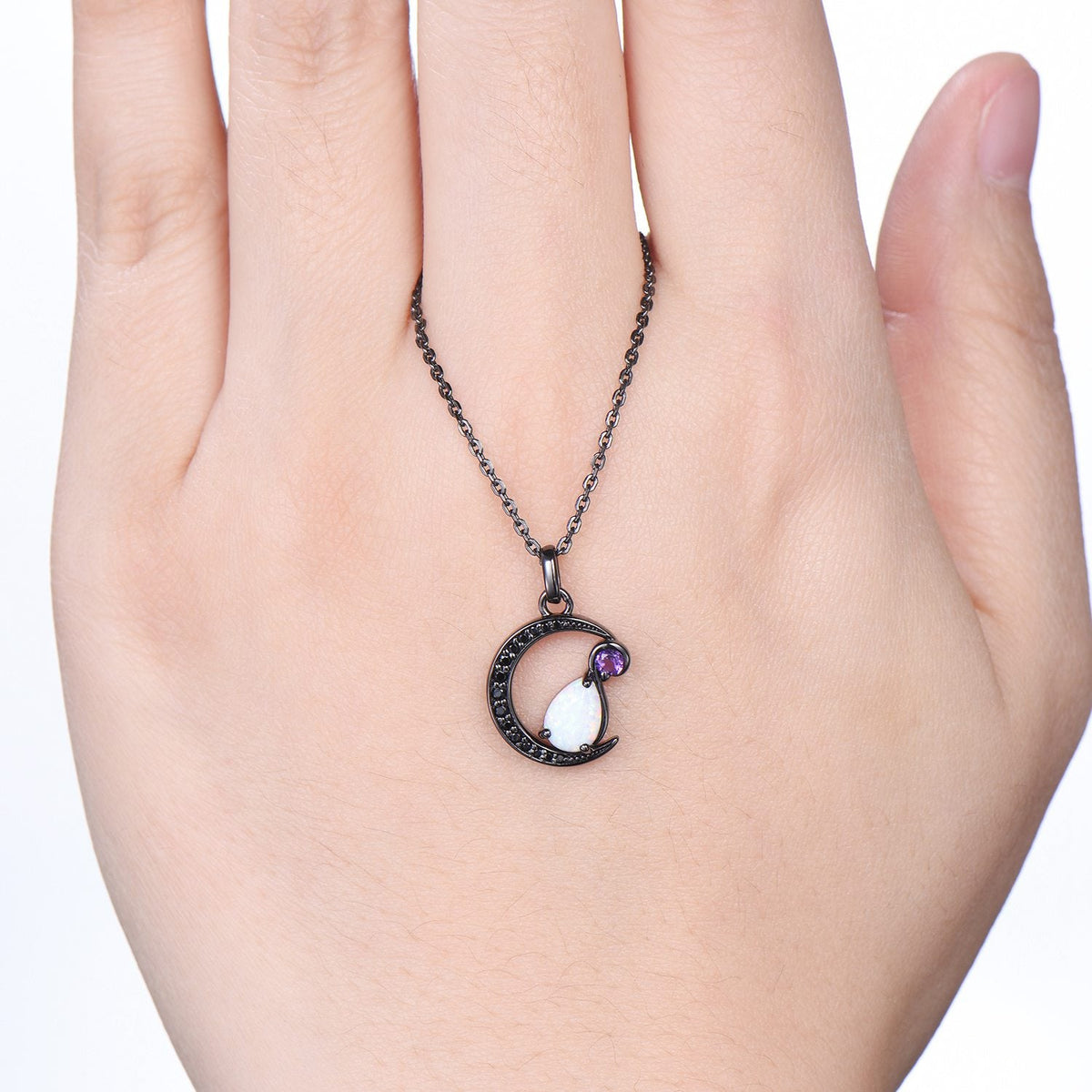 Magic Crescent Moon Black Gold Opal Amethyst Gothic Pendant Necklace Unique Pear Shaped Fire White Opal Black Spinel Necklace Halloween Girl