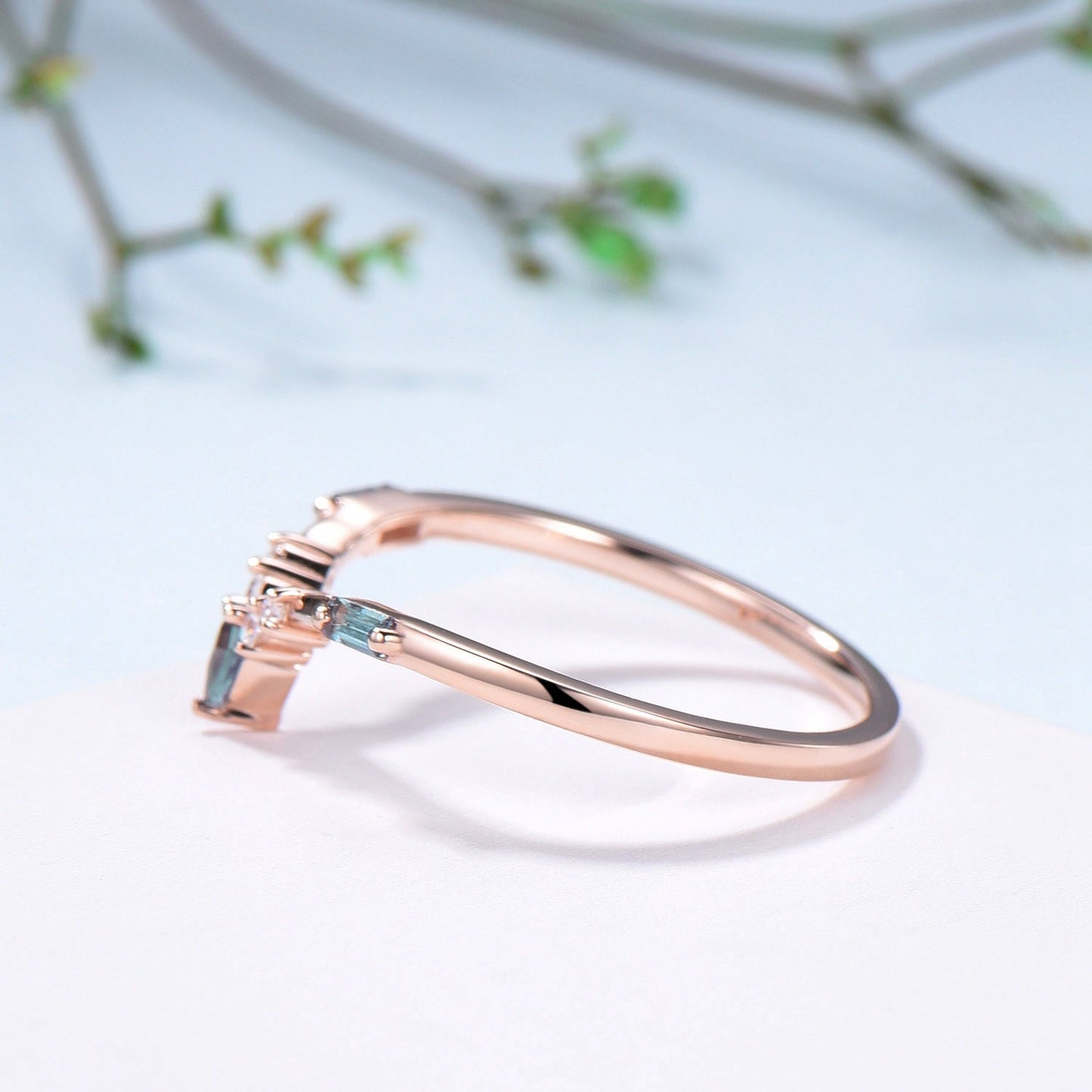 Curved Kite and Baguette Cut Alexandrite Wedding Band, Rose Gold Cluster Moissanite Ring