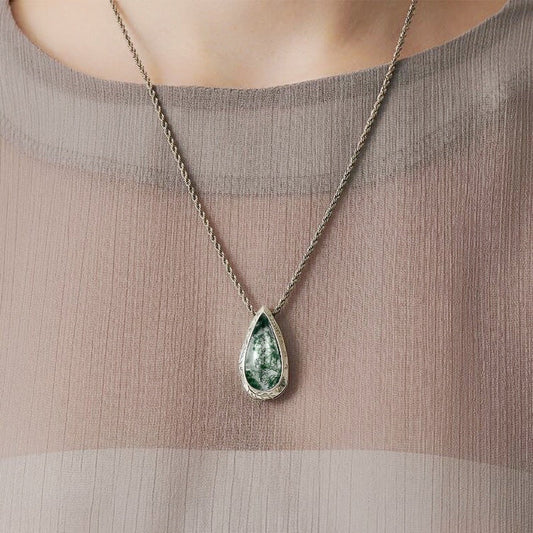 Heirloom Moss Agate Pear Pendant â€?Intricate Vine