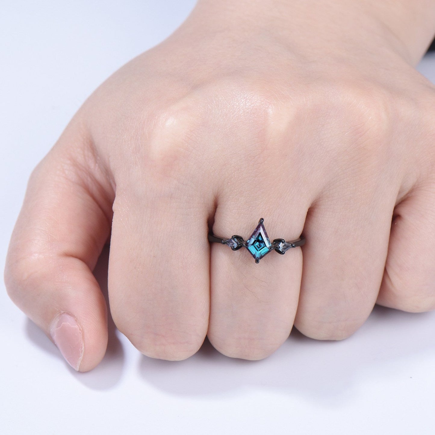 Dainty Black Gold Kite Cut Alexandrite Engagement Ring Minimalist Three Stone