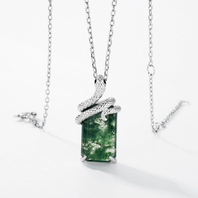 Luxury Snake Shape Green Moss Agate Pendant Necklace