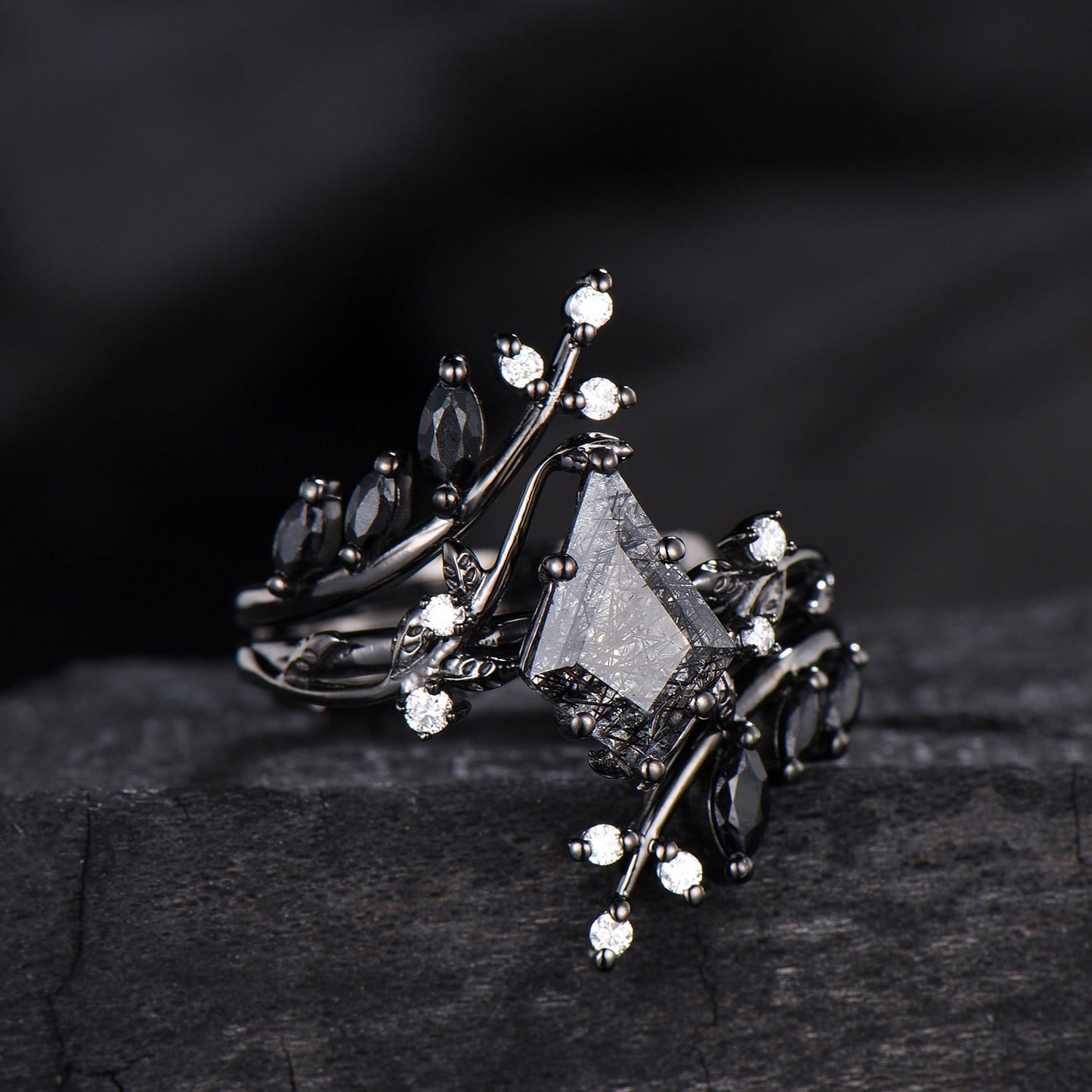 Unique gothic kite cut black rutilated quartz engagement ring set black gold cluster engagement ring leaf branch nature inspired wedding set