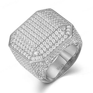 Hip Hop Iced out Sterling Silver Men's Moissanite Signet Ring