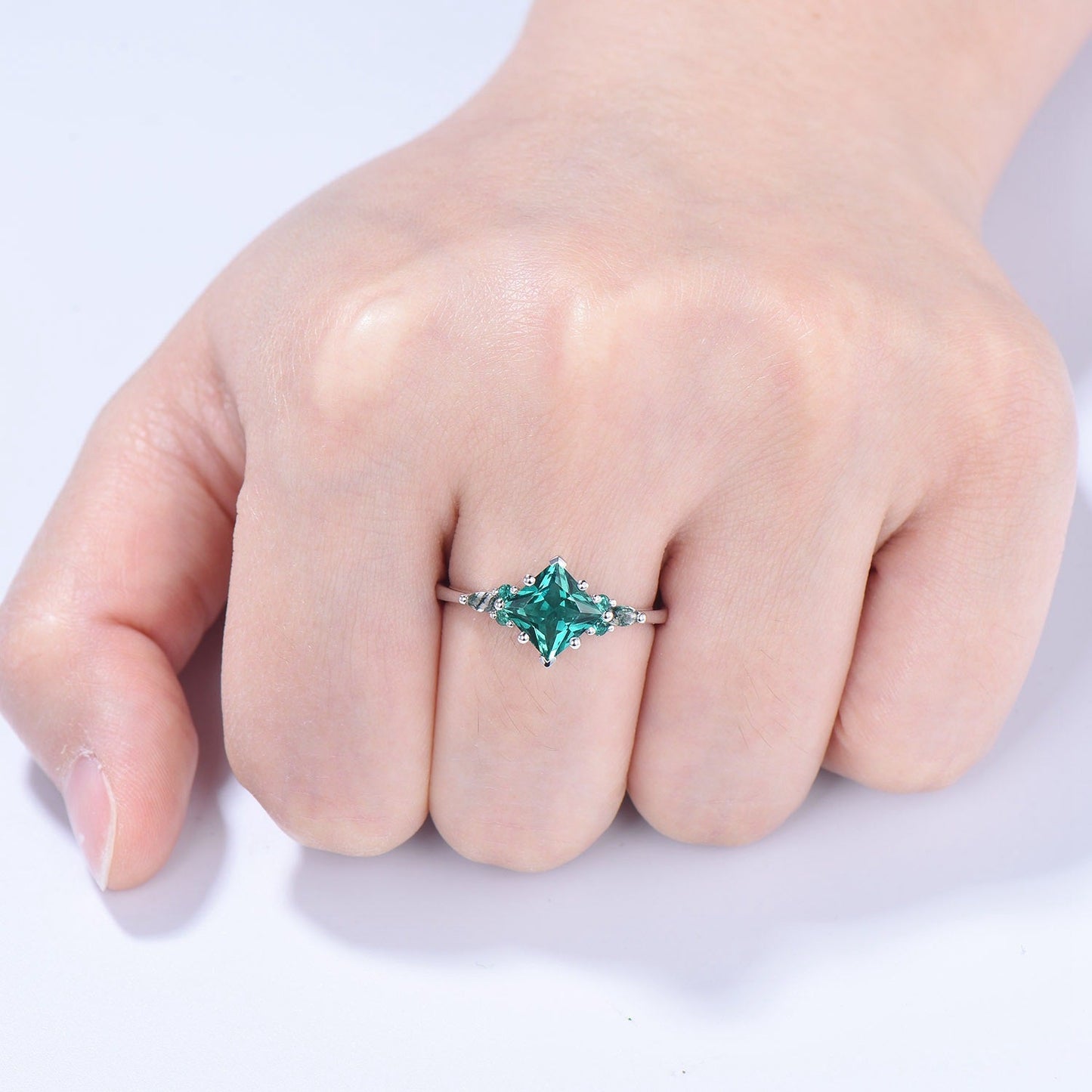 Unique Princess Cut Emerald Engagement Ring Set Silver White Gold Marquise Moss Agate Green Crystal Bridal Wedding Ring Retro Promise Ring