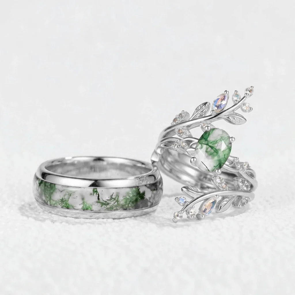 Sylvie’s Wildwood | Oval Moss Agate & Inlay Band Couple Set 3pcs