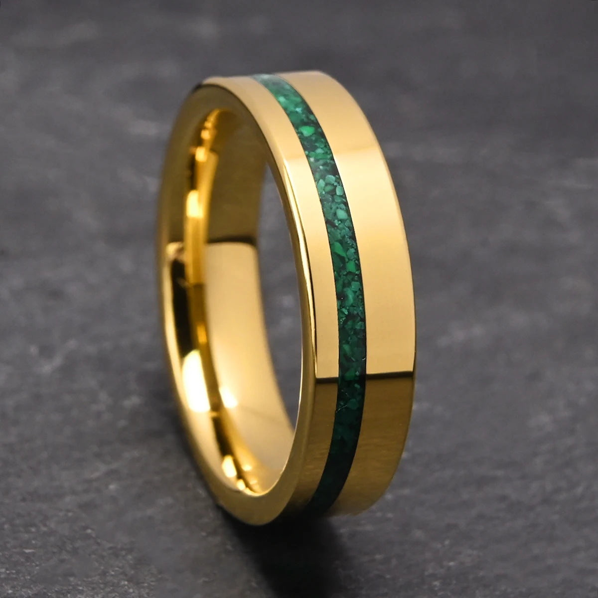 Artisan 6mm Gold Tungsten Carbide Ring | Natural Green Malachite Inlay