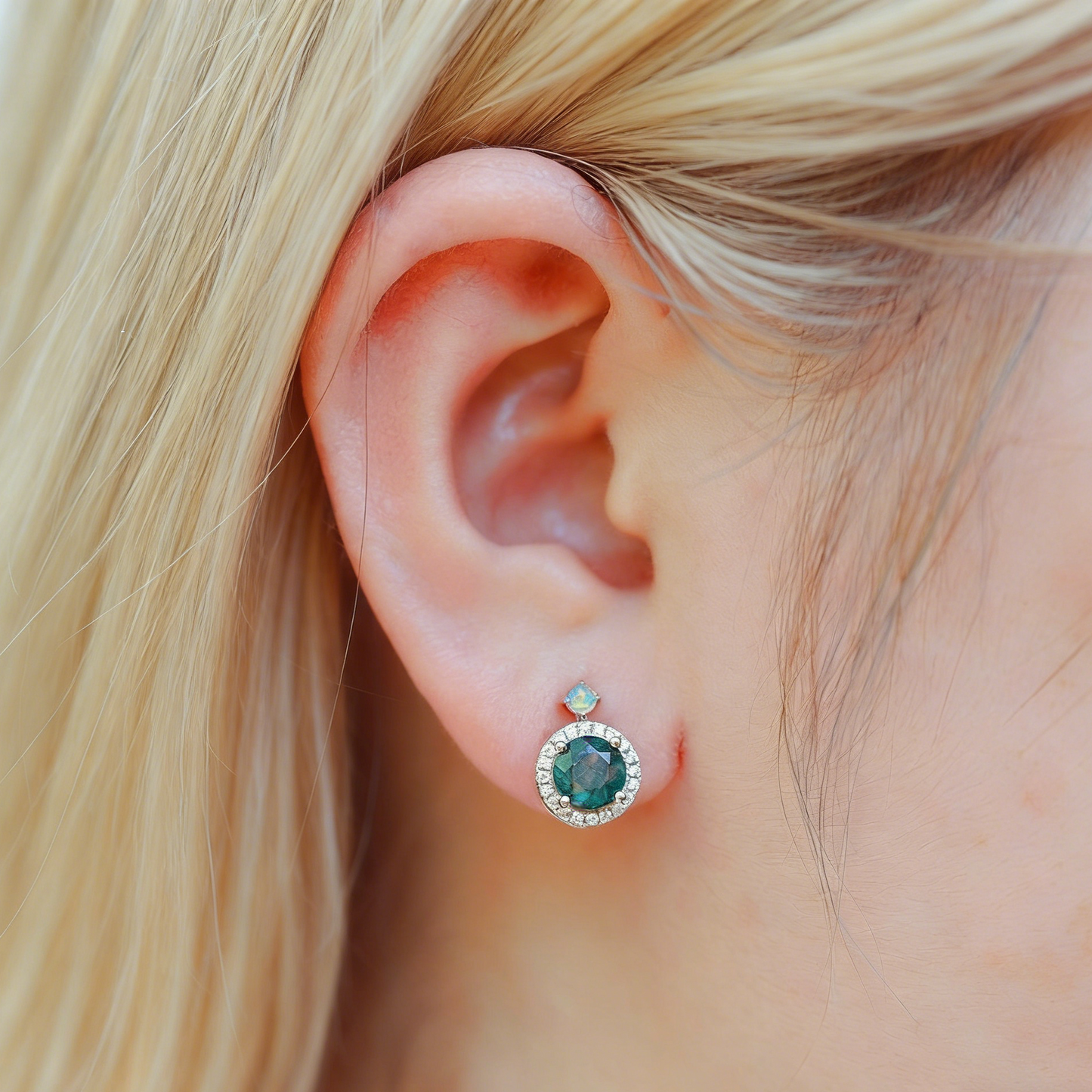 EmberMoss - Round Cut Moss Agate Halo Stud Earrings