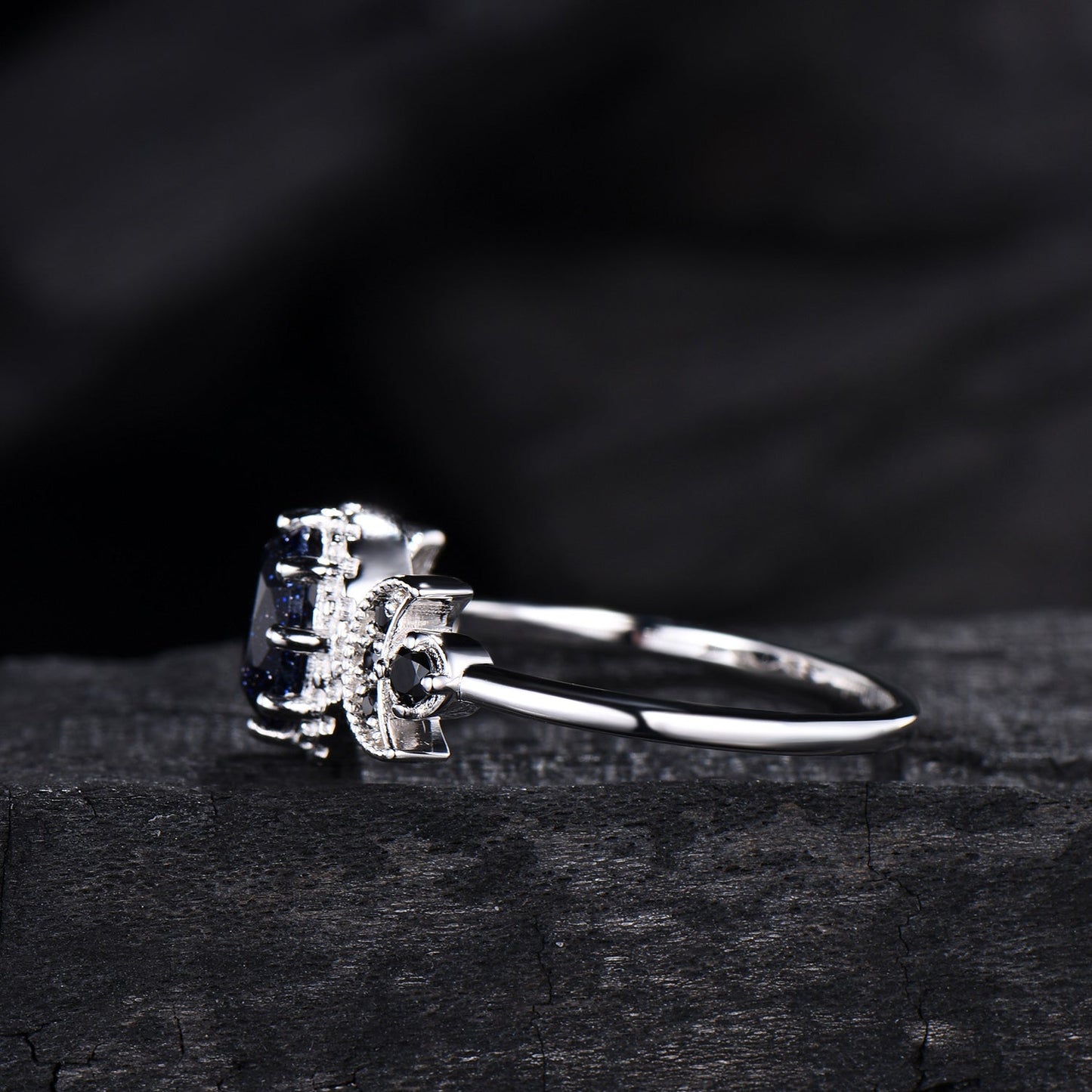 Oval Blue Sandstone Engagement Ring, Celestial Crescent Moon Ring, Gothic Promise Ring, Triple Goddess Witchy Jewelry, Anniversary Gift