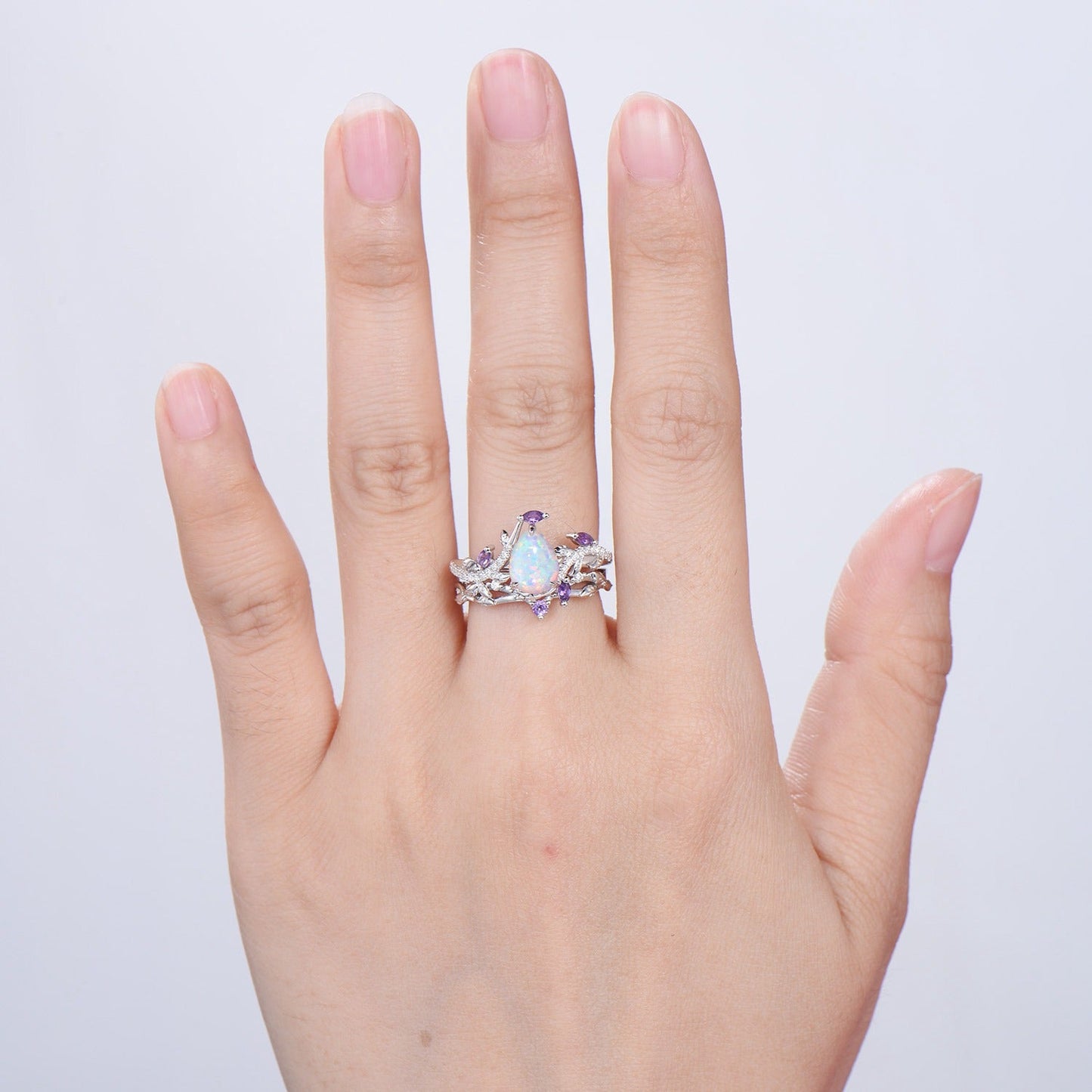 Vintage Pear Shaped White Fire Opal Engagement Ring Set Nature Inspired Snake Marqusie Opal Wedding Set 14K Rose Gold Amethyst Bridal Set
