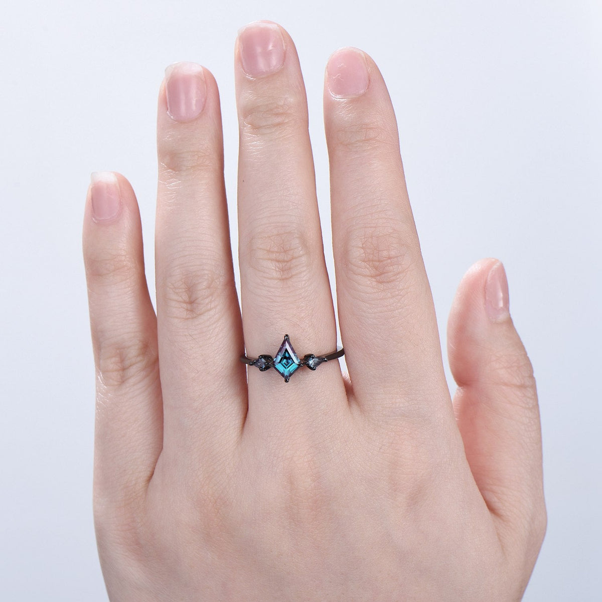 Dainty Black Gold Kite Cut Alexandrite Engagement Ring Minimalist Three Stone