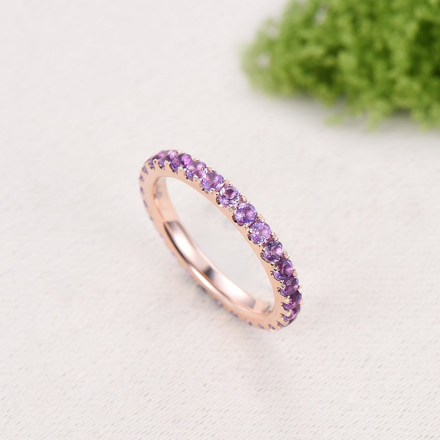 2mm Full Eternity Amethyst Eternity Band, Retro Rose Gold Wedding Ring