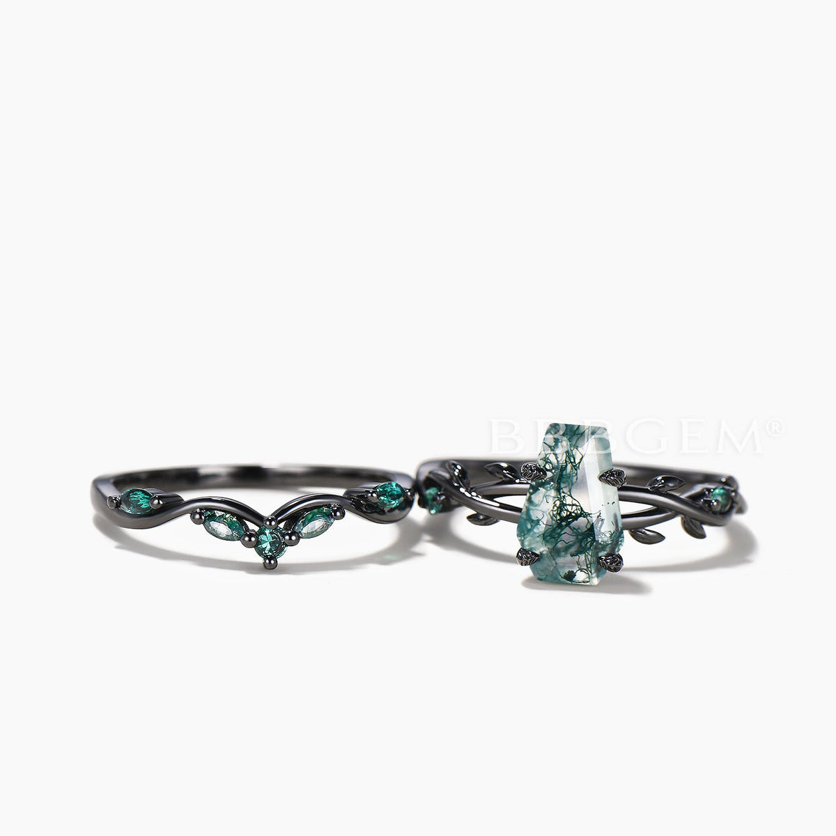 Black Gold Ring Set Coffin Cut Natural Moss Agate Twisted Ring Emerald Curved Band