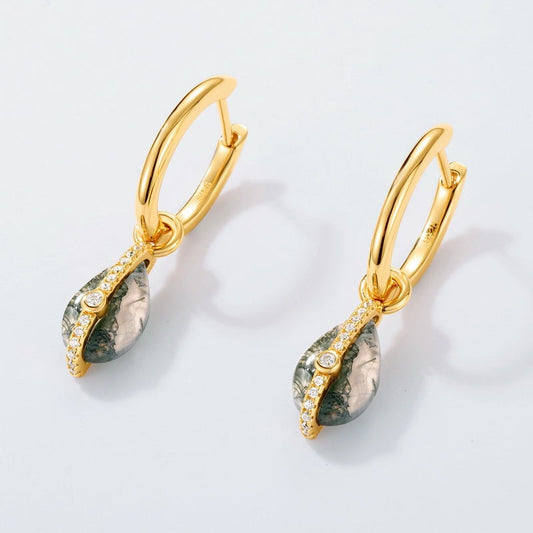Modern Celestial Moss Agate Pear Shaped Dangle Huggie Earrings