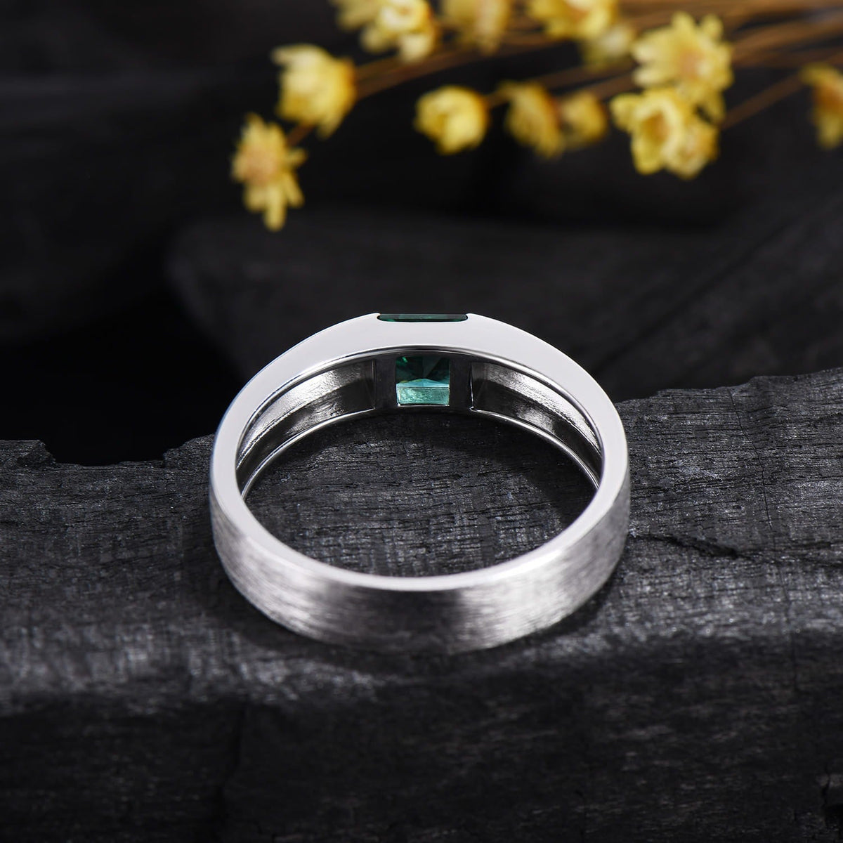 Men's Princess Cut Green Emerald Ring: 14K White Gold May Birthstone Gift For Him