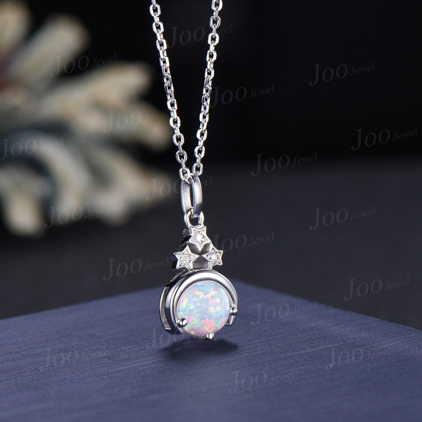 Dainty Opal Moissanite Necklace Sterling Silver Star Moon White Opal Pendant Cluster Bridal Necklace Art Deco Women Vintage Anniversary Gift