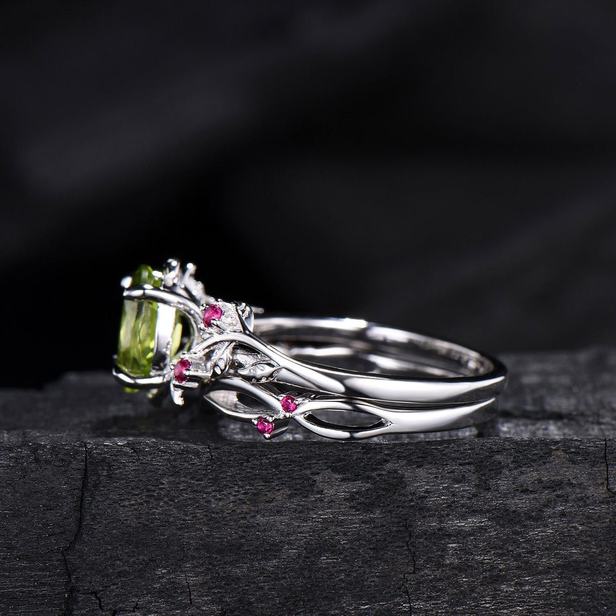 Leaf vine  peridot rubywedding ring set Natural inspired August Birthstone Jewelry
