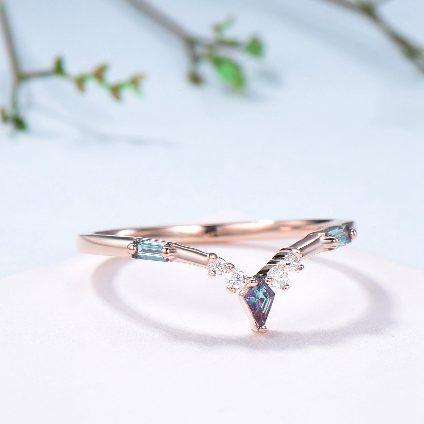 Curved Kite and Baguette Cut Alexandrite Wedding Band, Rose Gold Cluster Moissanite Ring