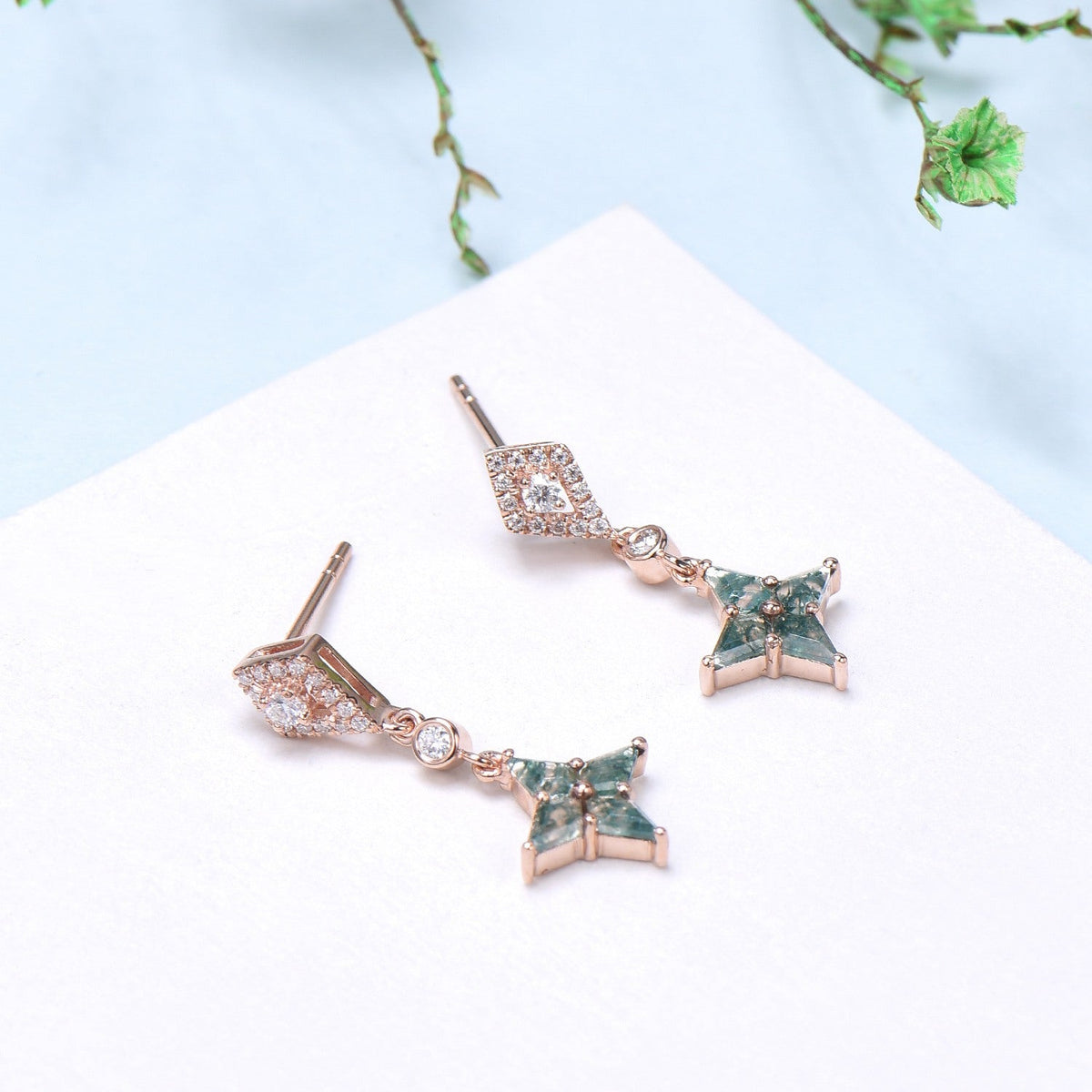 Vintage kite moss agate earrings Unique pinwheel earrings halo diamond drop stud earrings dainty green agate anniversary gift for women