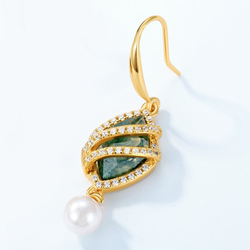 Luxury Moss Agate & Pearl Drop Earrings, Spiral Dangles