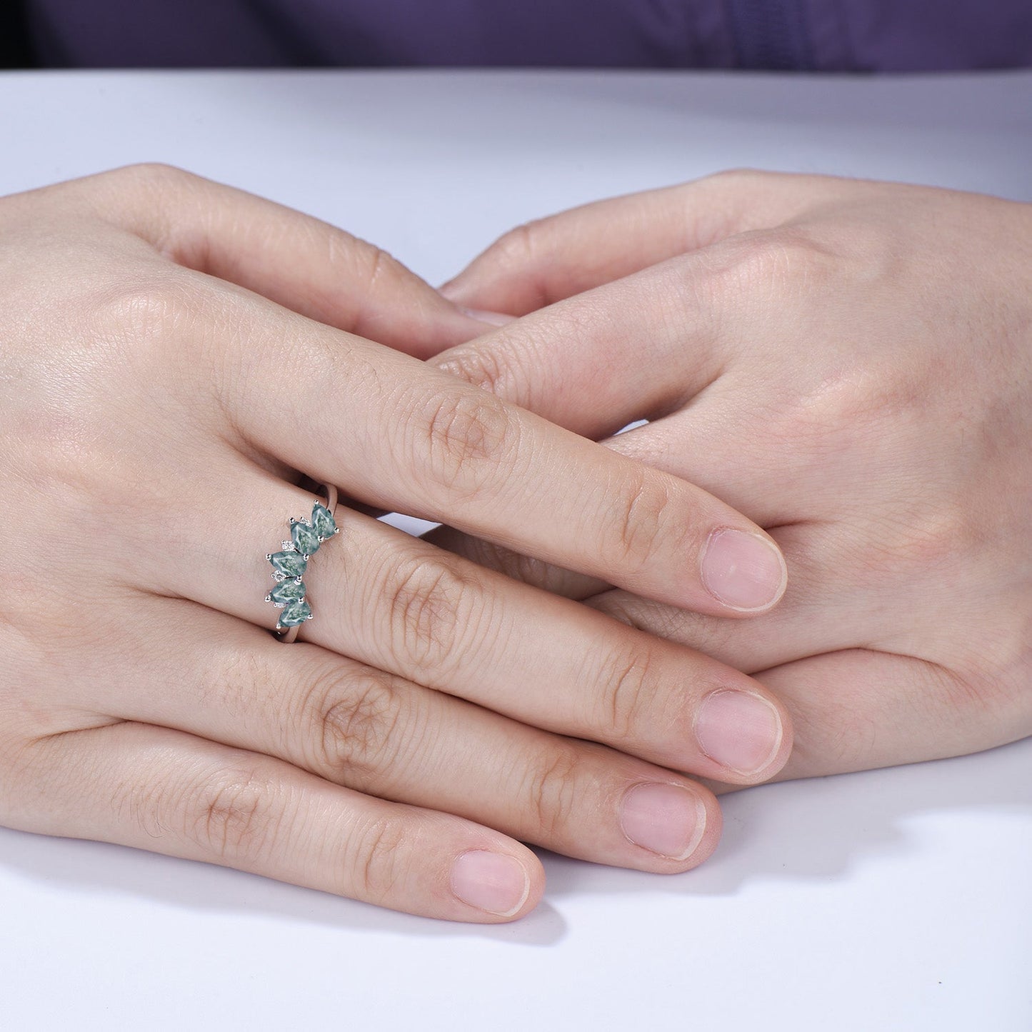 Vintage Moss Agate Wedding Band, Curved Stacking Ring, 14K Rose Gold, Pear Cut Moissanite