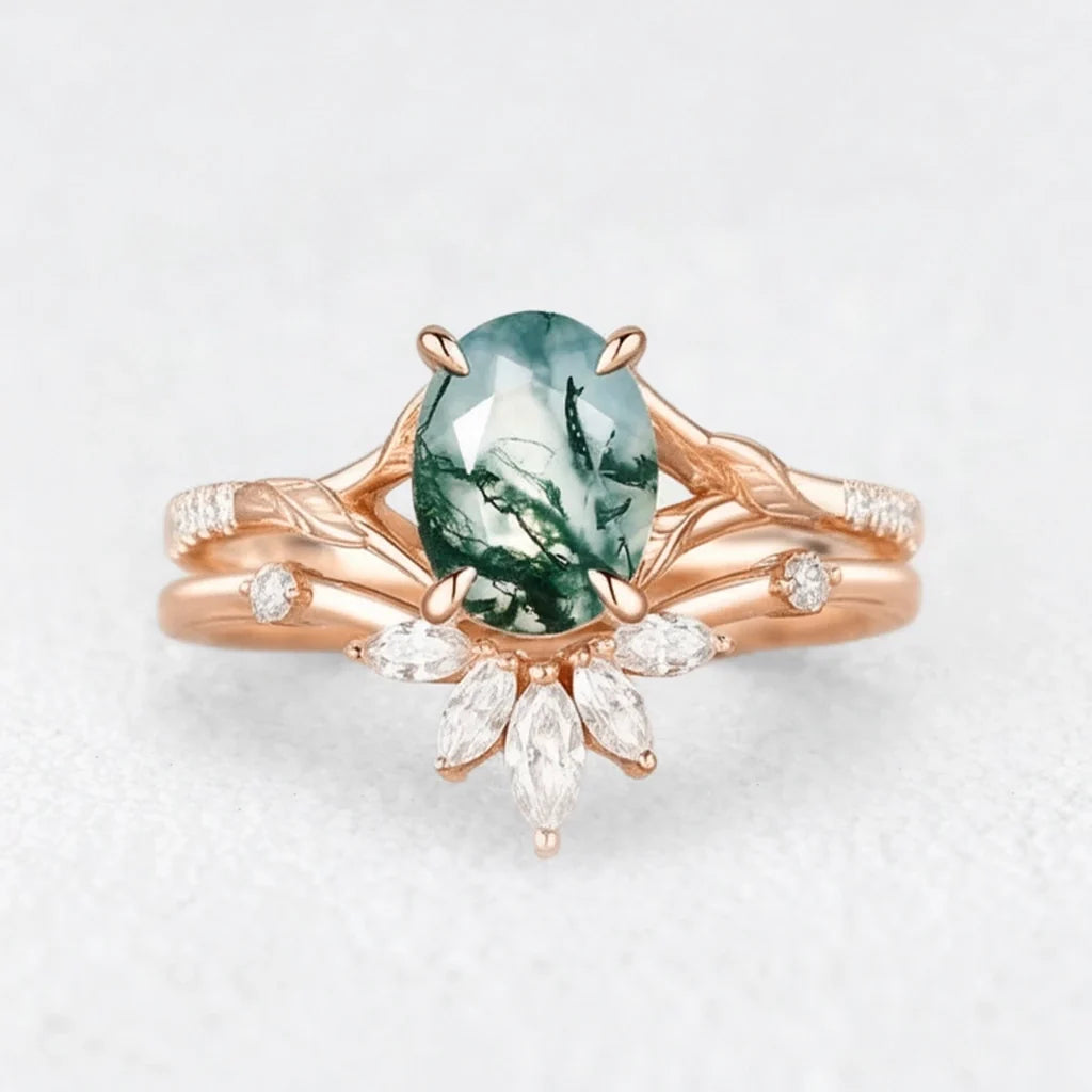 Zinnia’s Meadow | Oval Cut Moss Agate Leafy Gold Couple Ring Set 3pcs