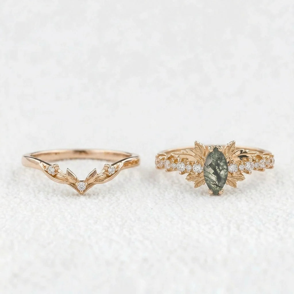 Aurora’s Moss Wing | Marquise Moss Agate Vintage Bridal Set 2pcs