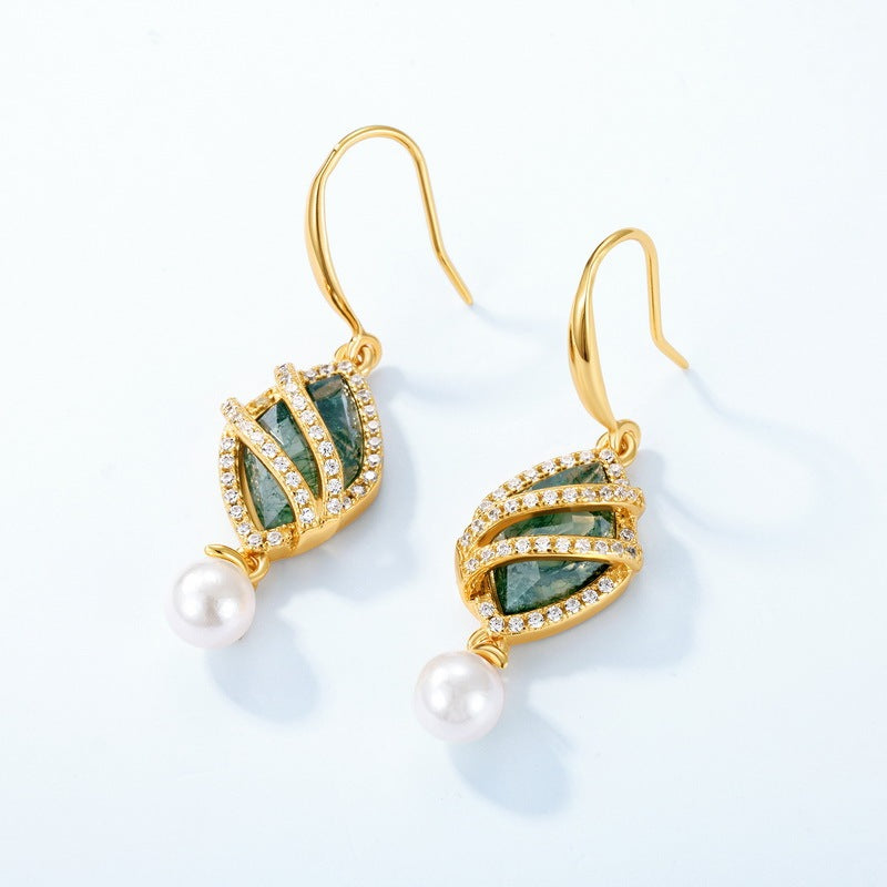 Luxury Moss Agate & Pearl Drop Earrings, Spiral Dangles