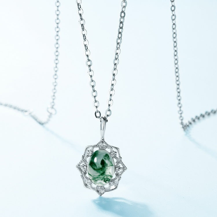 Art Deco Oval Cut Moss Agate Necklace Pendant - Halo