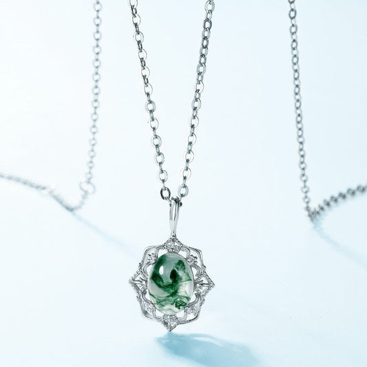 Art Deco Oval Cut Moss Agate Necklace Pendant - Halo